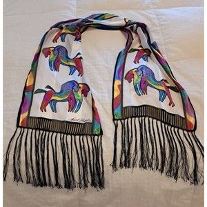 Laurel Burch 100% silk rainbow horses on white scarf with fringe equestrian